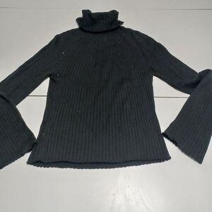 QUE Women Merino Pullover Sweater Black Long Bell Sleeve Turtleneck Cable Knit M